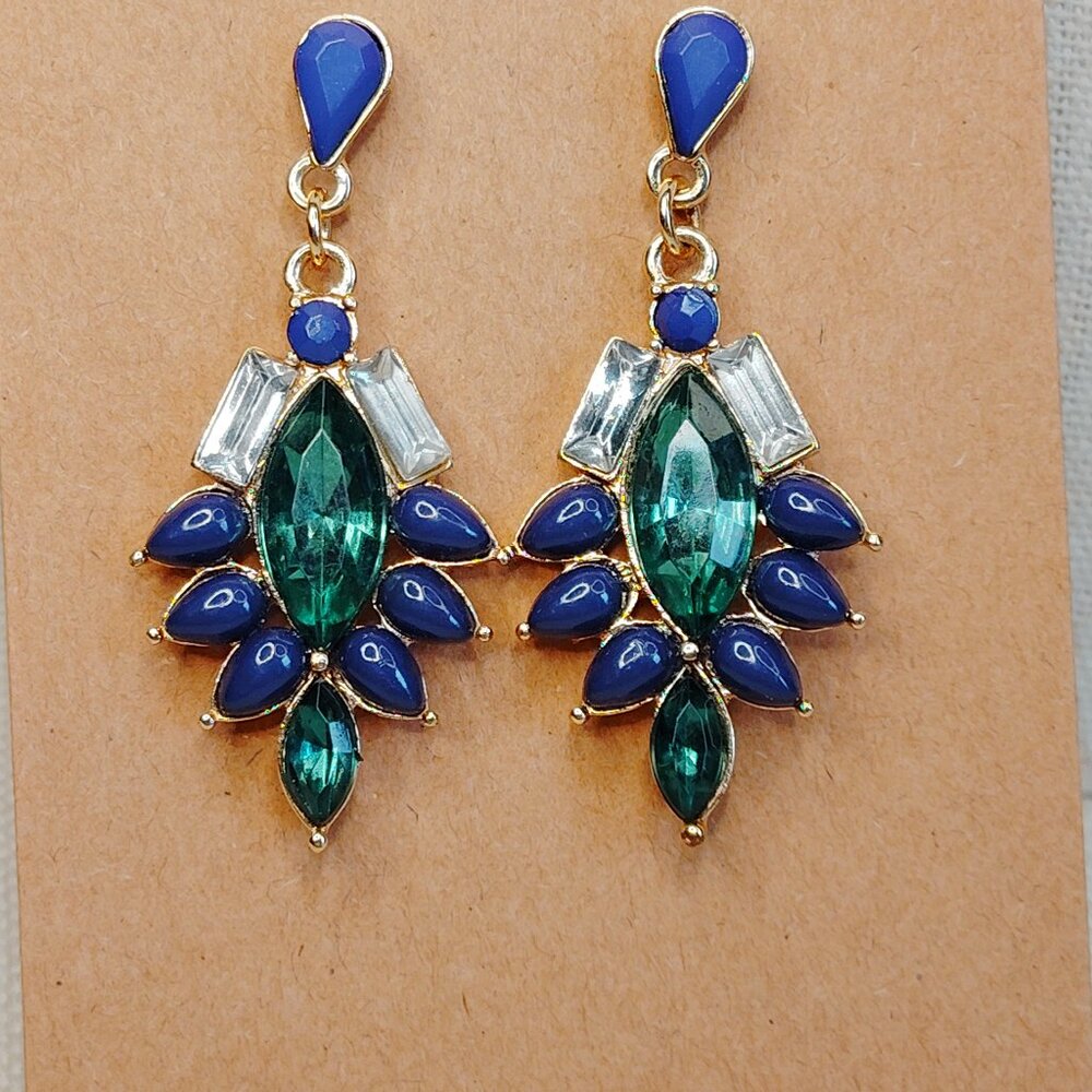 Blue Green Rhinestone Crystal Drop Earrings Gold Tone Post Back 2" Drop
